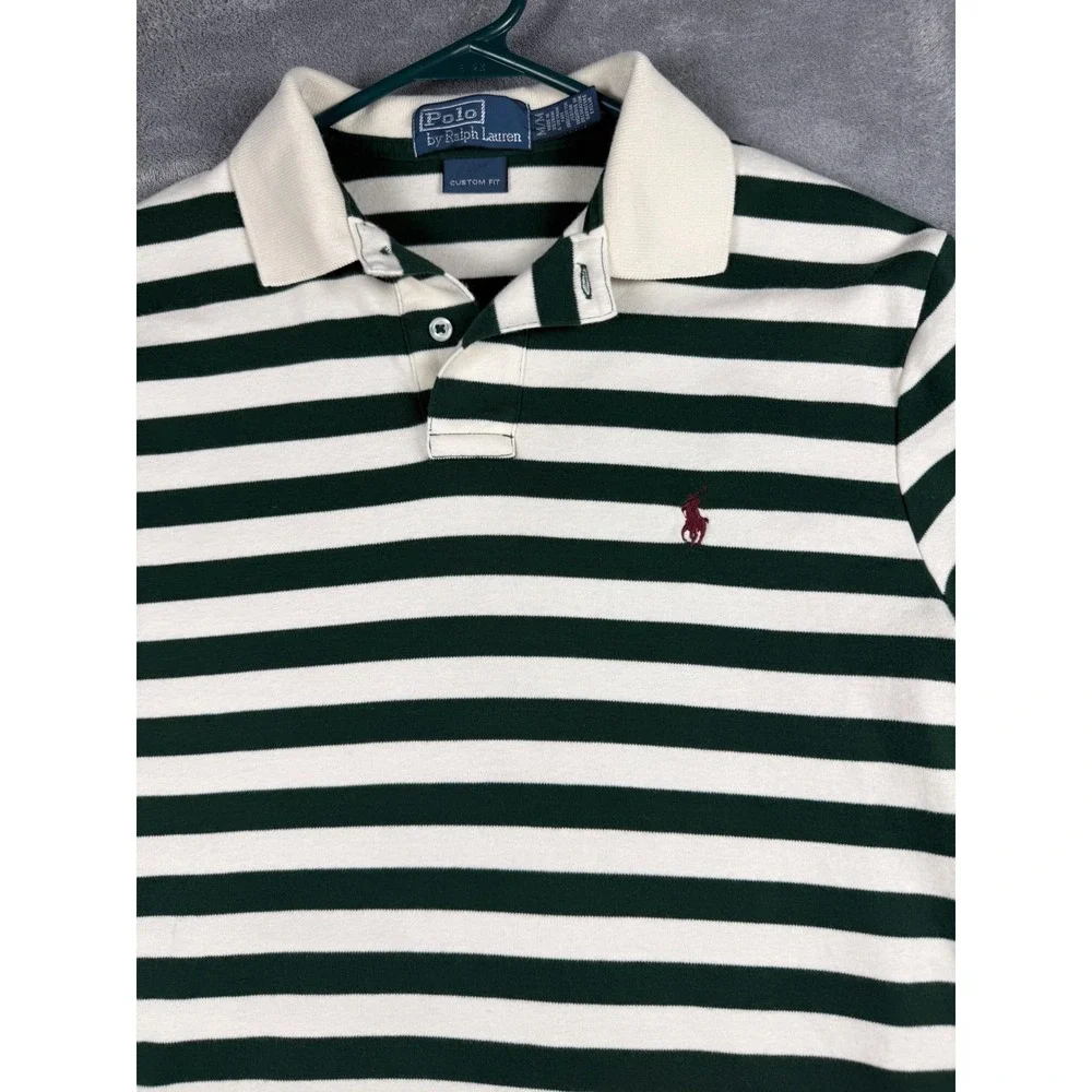 Polo Ralph Lauren Custom Fit Green White Striped Polo‎ Shirt Men's M